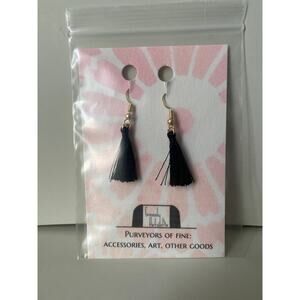 Black tassel fish hook earrings gold metal wires w 1.5 in drop medium great gift